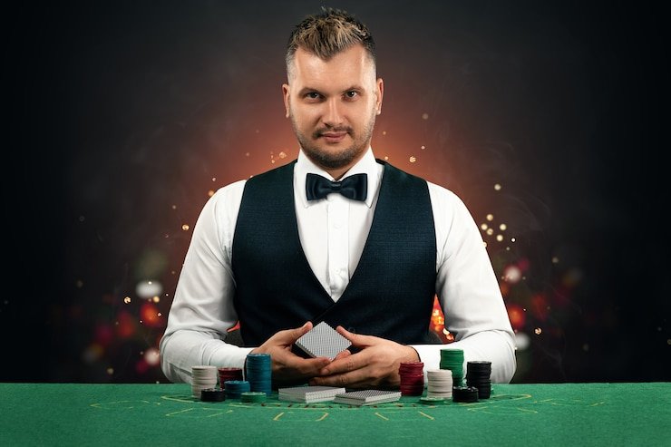 Bandar Poker table at kpi4d slot showing dealer, community cards, and player position layouts